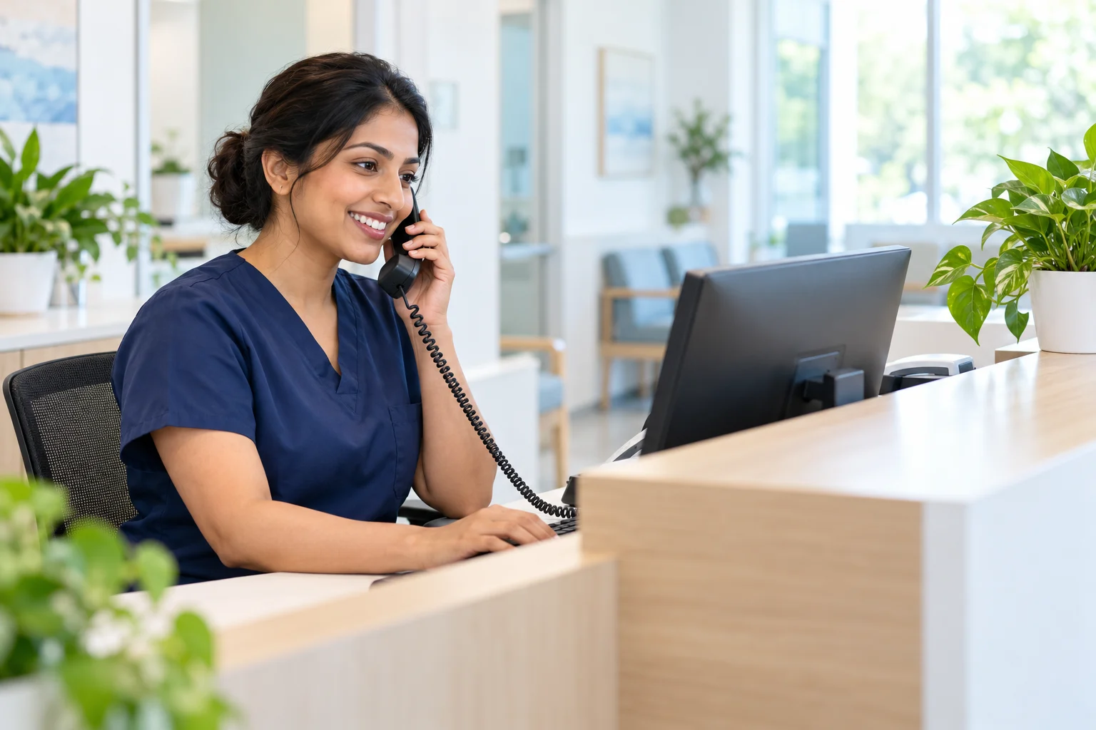Friendly clinic receptionist helping a patient over the phone
